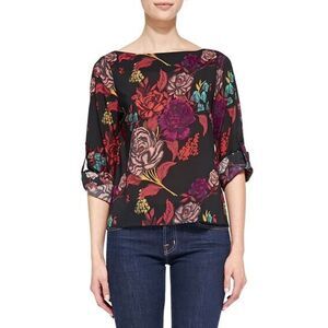 Alice & Olivia Silk Rose Floral Blouse Womens XS Spring Dark Multicolor